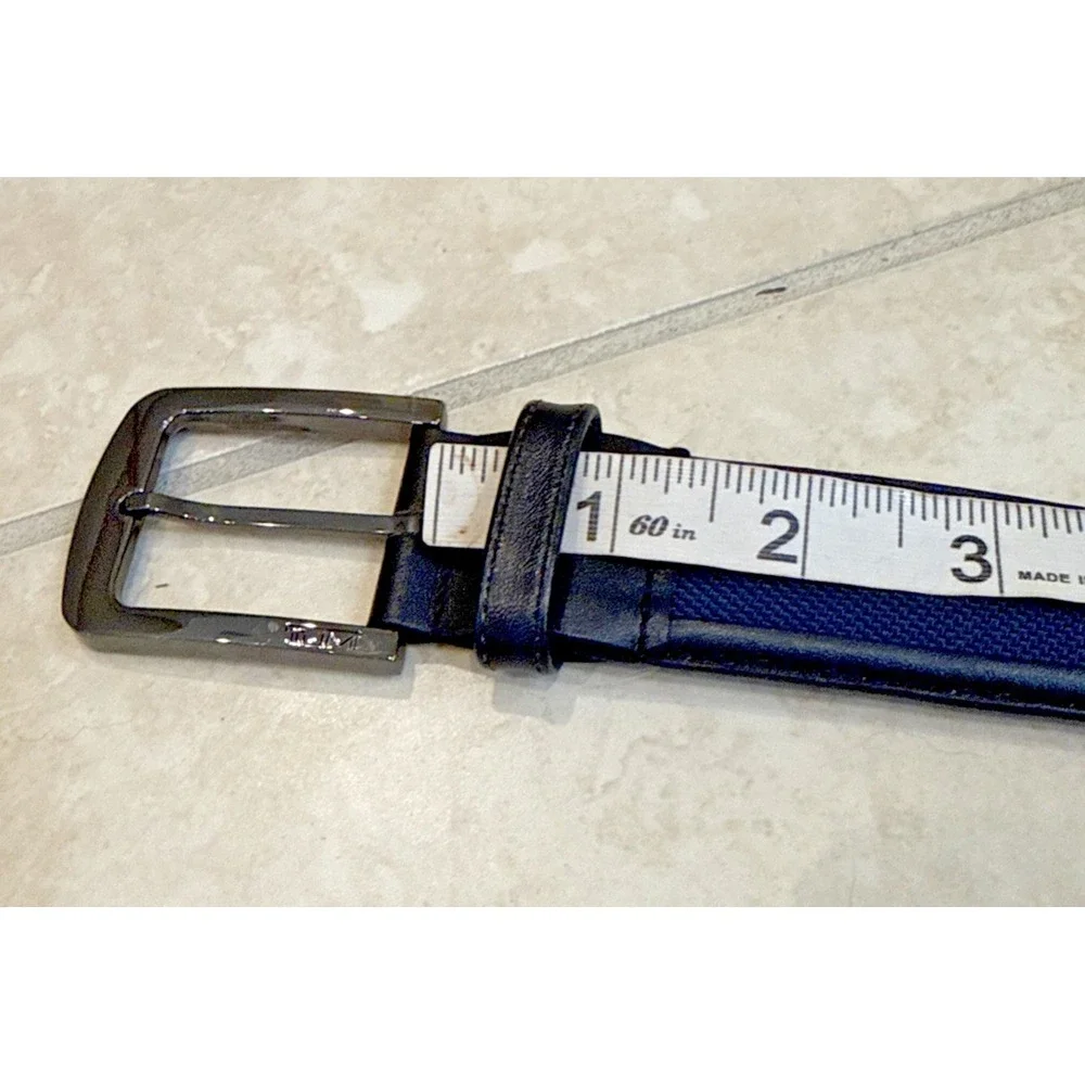 NWOT Tumi Black & Navy Blue Textured Inlay Gunmetal Buckle 95/38 Belt France *